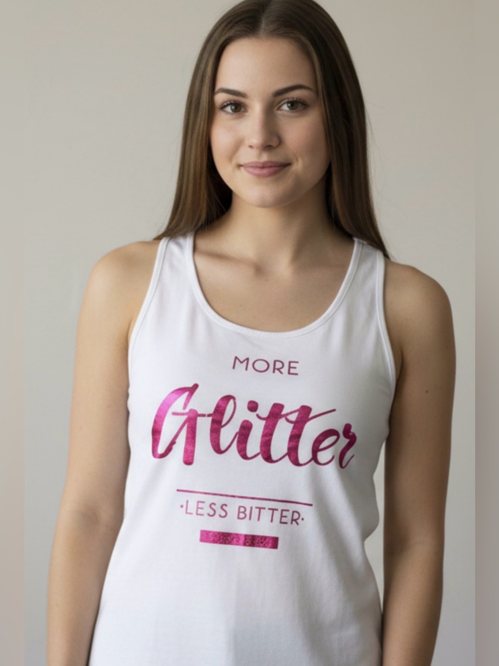 Glamorous White Tank with Pink Metallic Script